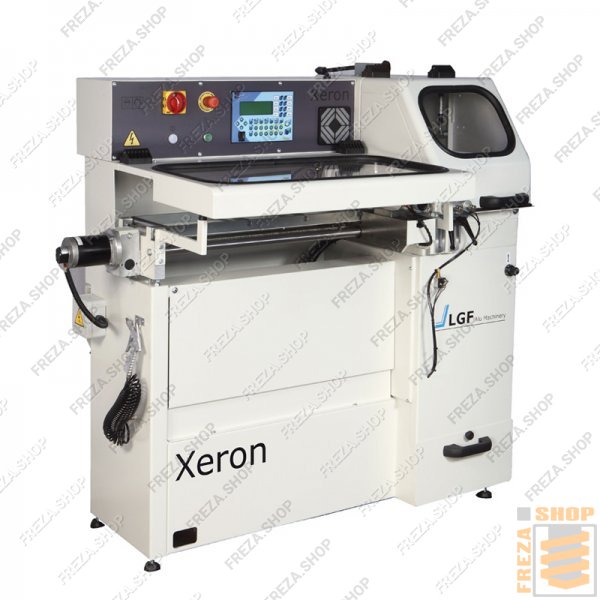 Одноголовая  циклическая пила Xeron Digit (LGF, Италия) с автоматической нижней подачей диска и каретки для серийного реза профиля,"закладных": 2 вертикальных + 3 горизонтальных пневмоприжима, 450мм диск, система подачи СОЖ