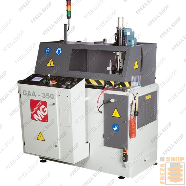 Тактовая автоматическая ЧПУ пила GAA-350-90 CNC (Tronzadoras MG, Испания) для циклических резов алюминиевого профиля, 3кВт, с ЧПУ протяжкой и резкой профиля в комплекте с 3 горизонтальными и 3 вертикальными пневмоприжимами, 350мм диском, системой подачи с
