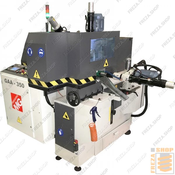 Тактовая автоматическая ЧПУ пила GAA-350-90 CNC (Tronzadoras MG, Испания) для циклических резов алюминиевого профиля, 3кВт, с ЧПУ протяжкой с 3 горизонтальными и 3 вертикальными пневмоприжимами, 350мм диском, системой подачи сож, с горизональным, вертикал